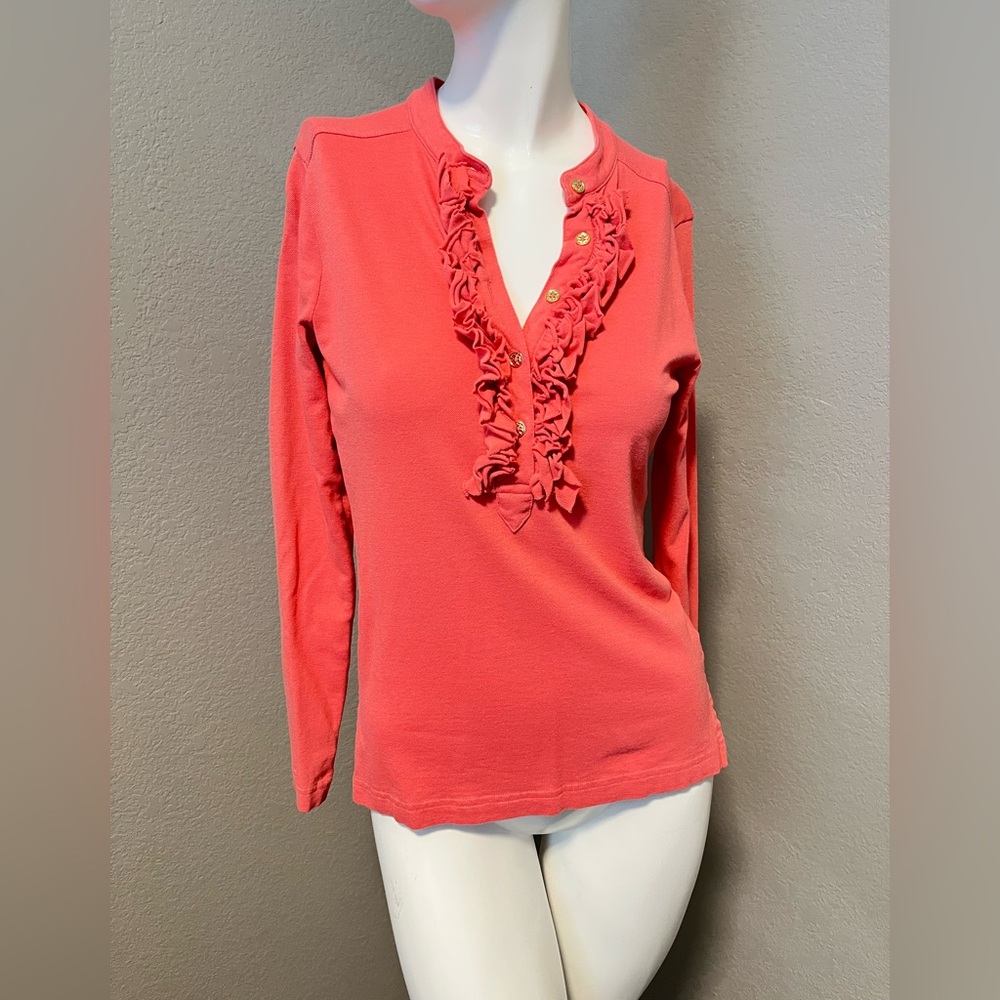 Tory Burch Women’s Coral Ruffle Button Up Gold Buttons LS Top Blouse Size M